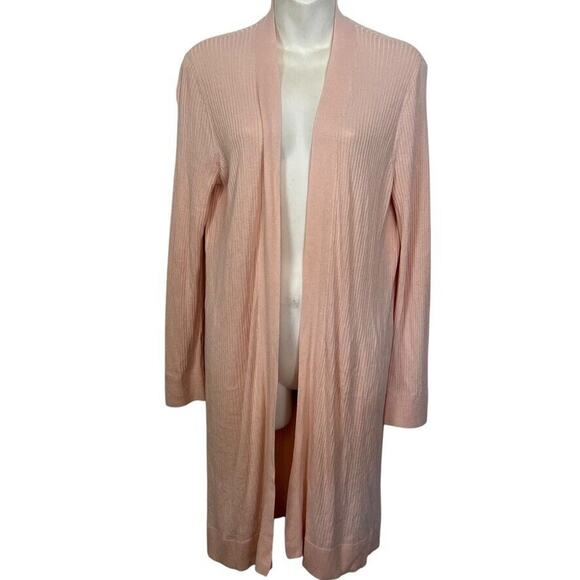 Ann Taylor Loft Open Ribbed Pastel Pink Longline Thin Cardigan Sweater sz L - Picture 1 of 16